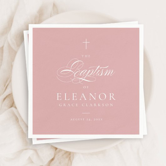Roze Meisje Elegant Cross Script Kalligrafie Doop Servet