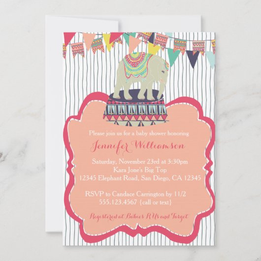 Roze meisje Elephant Circus Baby shower Uitnodigin Kaart (Voorkant)