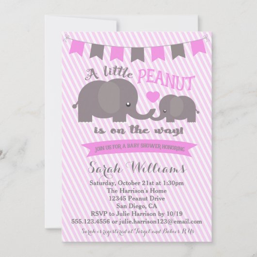 Roze meisje Elephant Peanut Baby shower uitnodigin Kaart (Voorkant)