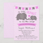 Roze meisje Elephant Peanut Baby shower uitnodigin Kaart (Voorkant / Achterkant)