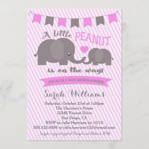 Roze meisje Elephant Peanut Baby shower uitnodigin Kaart