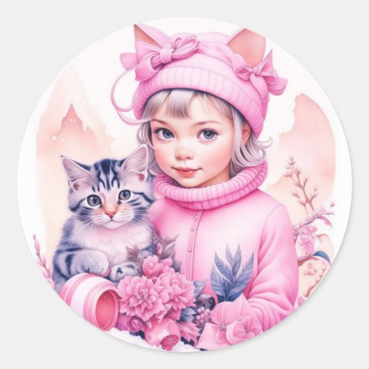 Roze  Meisje en Grijs Kitten Kerstmis Ronde Sticker (Voorkant)