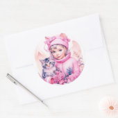 Roze  Meisje en Grijs Kitten Kerstmis Ronde Sticker (Envelop)