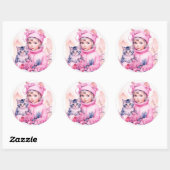 Roze  Meisje en Grijs Kitten Kerstmis Ronde Sticker (Vel)