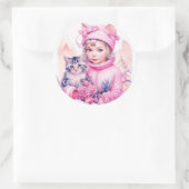 Roze  Meisje en Grijs Kitten Kerstmis Ronde Sticker (Tas)