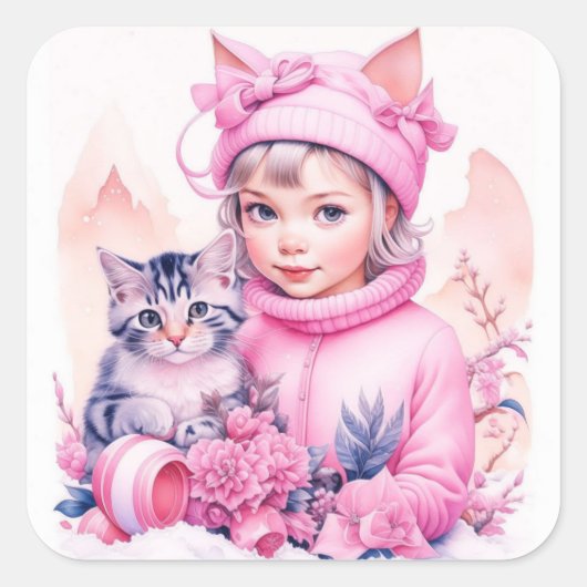 Roze  Meisje en Grijs Kitten Kerstmis Vierkante Sticker (Voorkant)