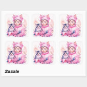 Roze  Meisje en Grijs Kitten Kerstmis Vierkante Sticker (Vel)