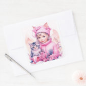 Roze  Meisje en Grijs Kitten Kerstmis Vierkante Sticker (Envelop)