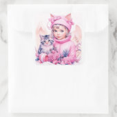 Roze  Meisje en Grijs Kitten Kerstmis Vierkante Sticker (Tas)