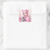 Roze  Meisje en Kitten Kerstmis Vierkante Sticker (Tas)