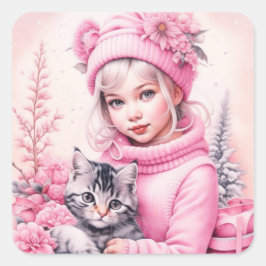 Roze Meisje en Kitten Kerstmis Vierkante Sticker