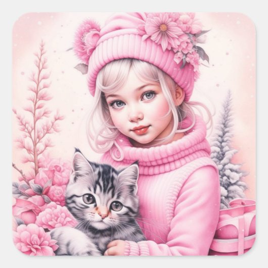 Roze  Meisje en Kitten Kerstmis Vierkante Sticker (Voorkant)