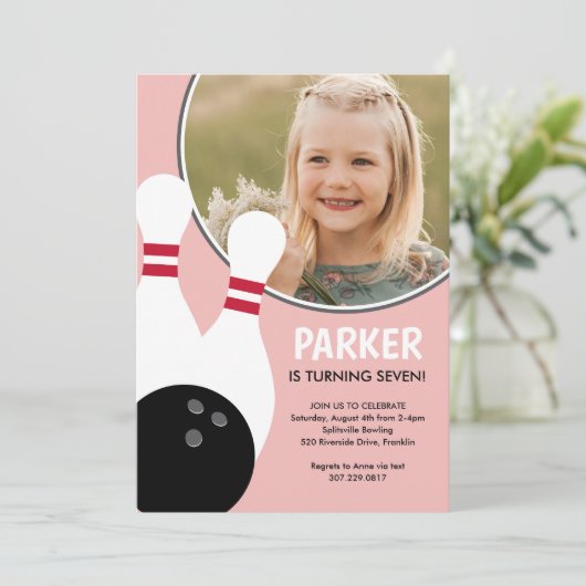 Roze Meisje Foto Bowling Verjaardagsfeest Kaart (Staand voorkant)