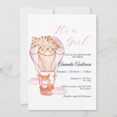 Roze Meisje Fox Balloon Baby shower Invitation Kaart (Voorkant)