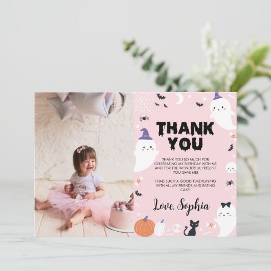 Roze Meisje Ghost Verjaardag Foto Dank u Kaart (Staand voorkant)