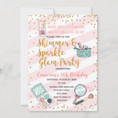 Roze meisje glam make-up verjaardagsfeestje uitnod kaart (Voorkant)