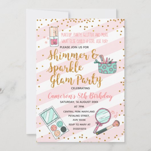 Roze meisje glam make-up verjaardagsfeestje uitnod kaart (Voorkant)