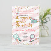 Roze meisje glam make-up verjaardagsfeestje uitnod kaart (Staand voorkant)
