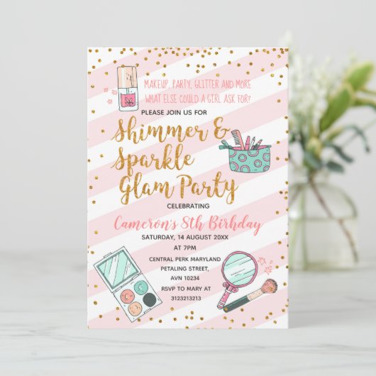 Roze meisje glam make-up verjaardagsfeestje uitnod kaart (Staand voorkant)