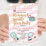 Roze meisje glam make-up verjaardagsfeestje uitnod kaart<br><div class="desc">Roze meisje make-up verjaardagsfeestje uitnodiging met gouden confetti</div>