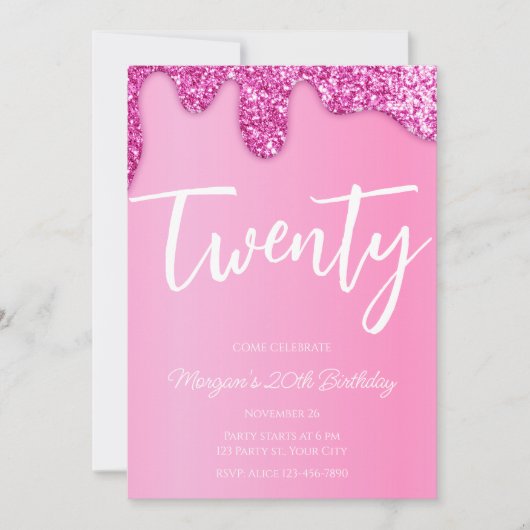 Roze Meisje Glitter 20e Verjaardagsfeestje Kaart (Voorkant)