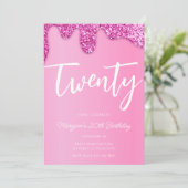 Roze Meisje Glitter 20e Verjaardagsfeestje Kaart (Staand voorkant)