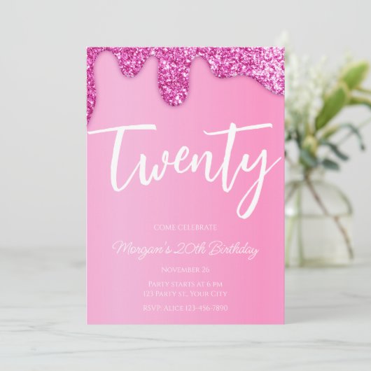 Roze Meisje Glitter 20e Verjaardagsfeestje Kaart (Staand voorkant)