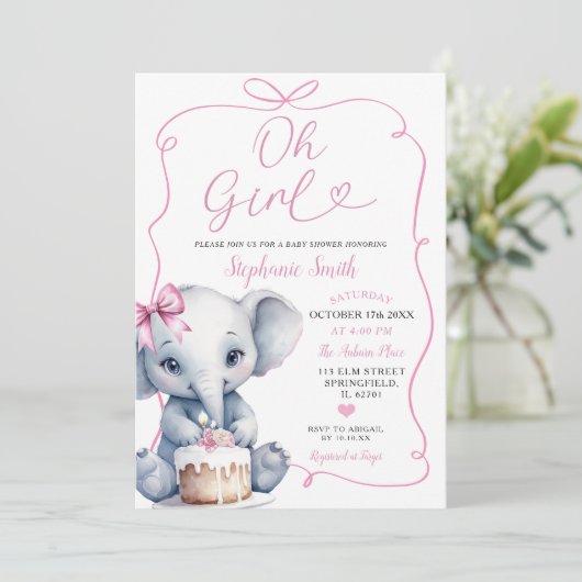 Roze Meisje Handgetekend met Bow Elephant Baby sho Kaart (Staand voorkant)