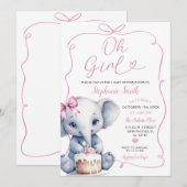 Roze Meisje Handgetekend met Bow Elephant Baby sho Kaart (Voorkant / Achterkant)
