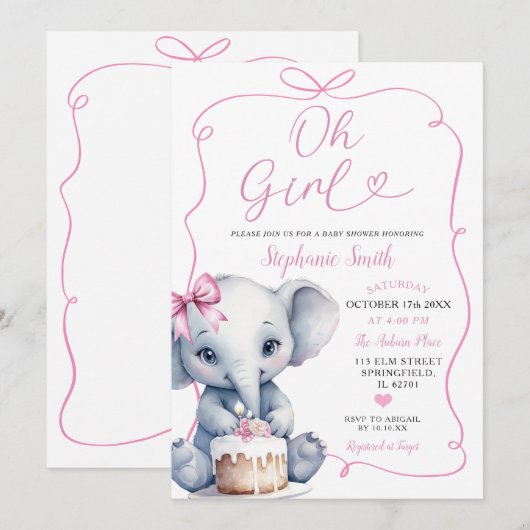 Roze Meisje Handgetekend met Bow Elephant Baby sho Kaart (Voorkant / Achterkant)