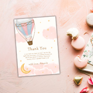 Roze Meisje Hete Luchtballon Moon Star Baby shower Bedankkaart