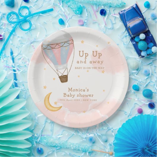 Roze Meisje Hete Luchtballon Moon Star Baby shower Papieren Bordje (Feest)