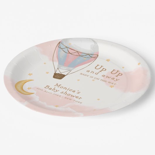 Roze Meisje Hete Luchtballon Moon Star Baby shower Papieren Bordje (Gekanteld)