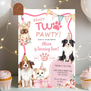 Roze Meisje Hond Klaar voor de TWEEEDE verjaardag Kaart