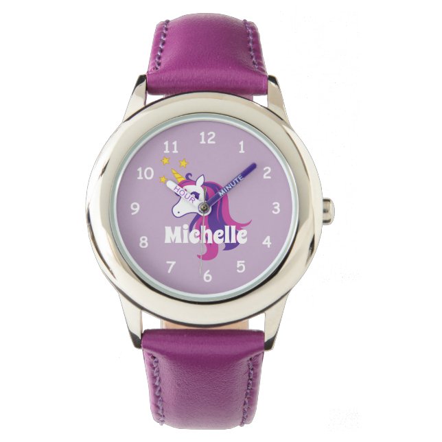 Roze meisje horloge met schattige eenhoorn & aange (Voorkant)