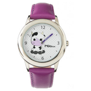 Roze meisje horloge met schattige koe cartoon