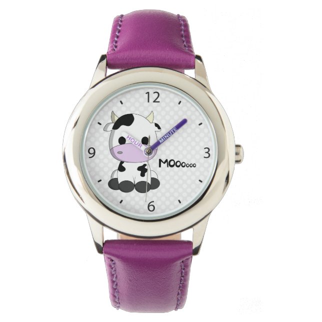 Roze meisje horloge met schattige koe cartoon (Voorkant)
