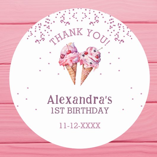 Roze Meisje Ice Cream 1e Verjaardag Dank u Ronde Sticker