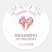 Roze Meisje Ice Cream 1e Verjaardag Dank u Ronde Sticker (Voorkant)