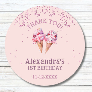 Roze Meisje Ijs 1e Verjaardag Bedankt Ronde Sticker