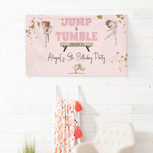 Roze Meisje Jump & Tumble Gymnastiek Verjaardagsfe Spandoek (Insitu)