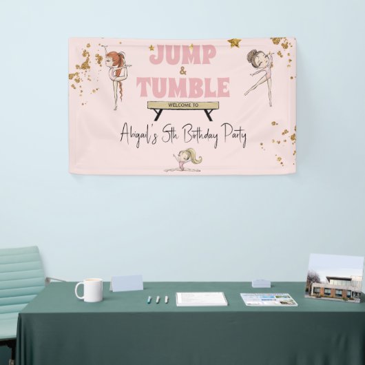 Roze Meisje Jump & Tumble Gymnastiek Verjaardagsfe Spandoek (Beurs)