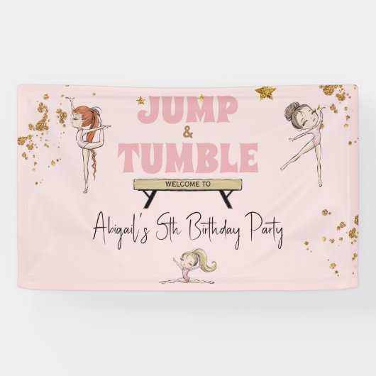 Roze Meisje Jump & Tumble Gymnastiek Verjaardagsfe Spandoek (Horizontaal)