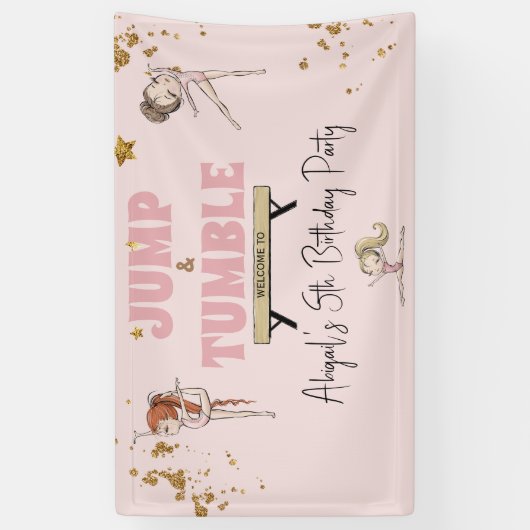Roze Meisje Jump & Tumble Gymnastiek Verjaardagsfe Spandoek (Verticaal)