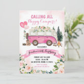 Roze Meisje Kamp Uit Verjaardag Uitnodiging (Staand voorkant)