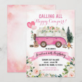 Roze Meisje Kamp Uit Verjaardag Uitnodiging (Voorkant / Achterkant)