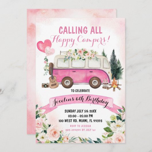 Roze Meisje Kamp Uit Verjaardag Uitnodiging (Voorkant / Achterkant)