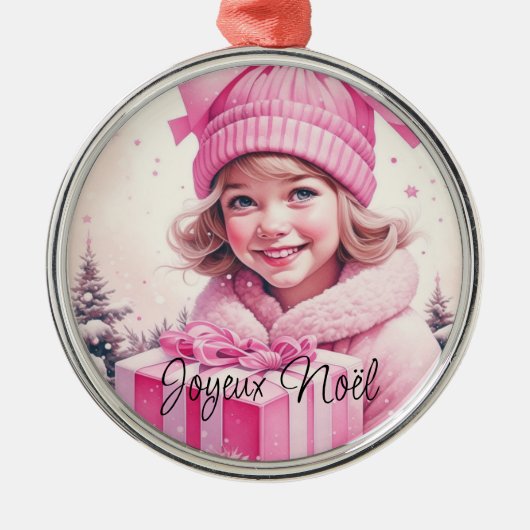  Roze Meisje Kerstmis Joyeux Noël Metalen Ornament (Voorkant)