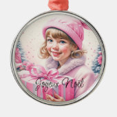  Roze Meisje Kerstmis Joyeux Noël Metalen Ornament (Voorkant)