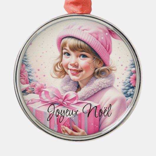  Roze Meisje Kerstmis Joyeux Noël Metalen Ornament (Voorkant)